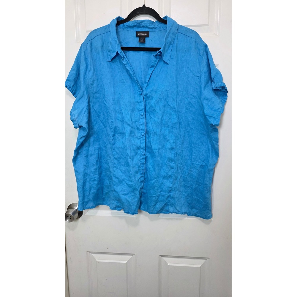 Avenue Button Front Shirt Womens 26/28‎ Blue 100% Linen Short Sleeve Classic Fit